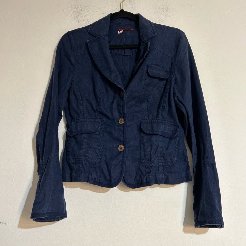 Vintage Denim Chambray Knit Linen Blazer Jacket Size 8 Y2K Coastal Cowgirl